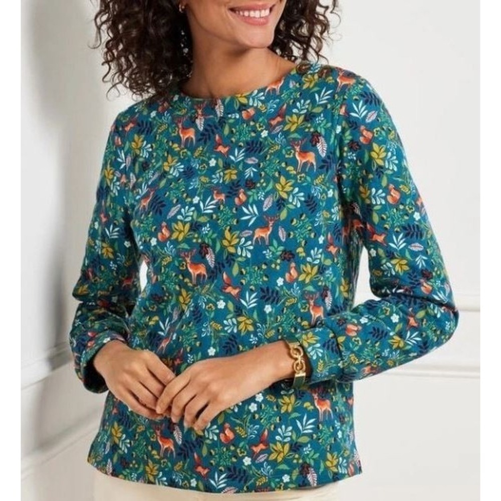 Talbots Quilted Woodland Ditsy Sweatshirt Women's Size L Button Accents Whimsy